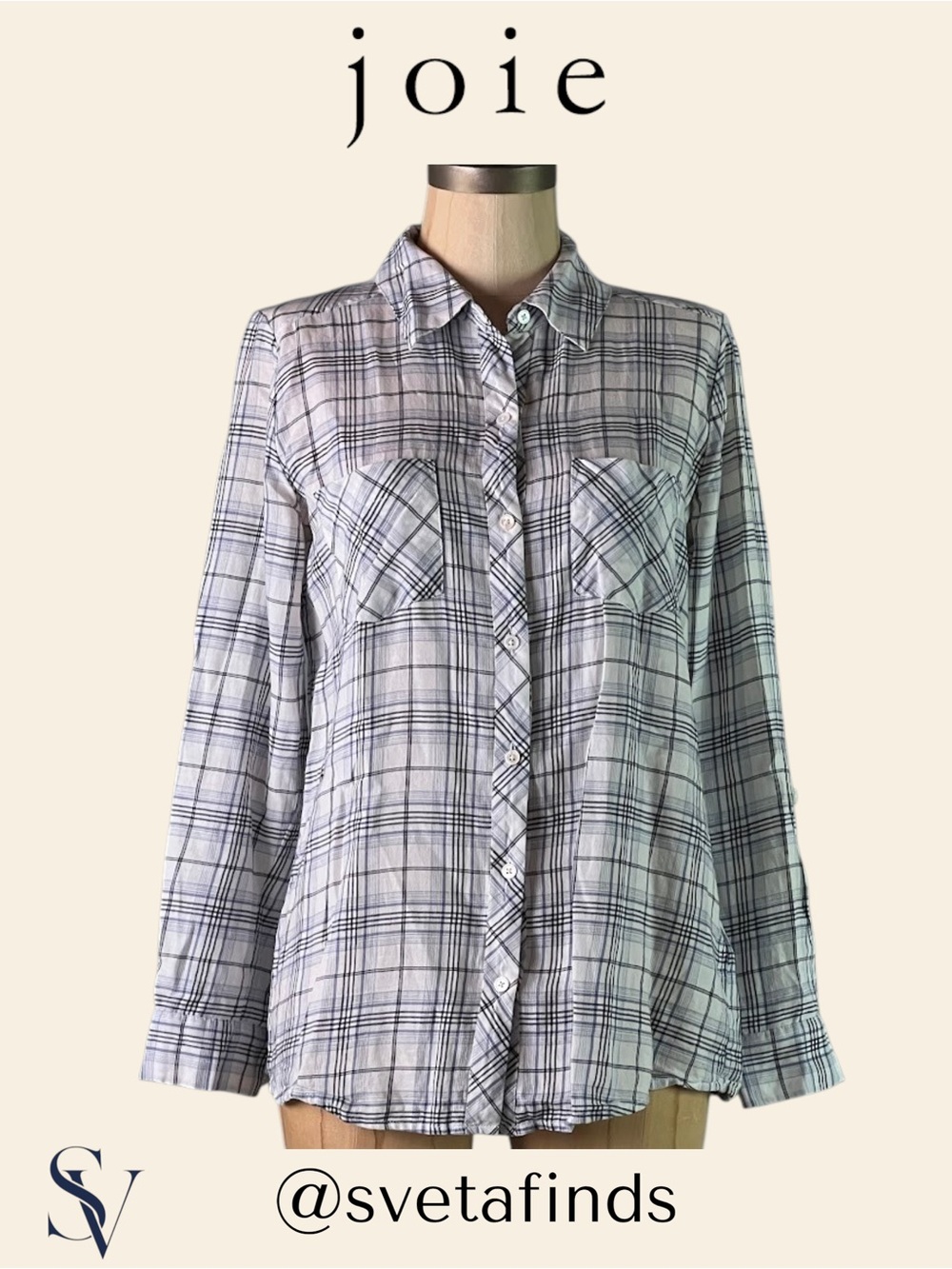 Soft Joie 100% Cotton Black Grey White Plaid Roll Tab Top XS